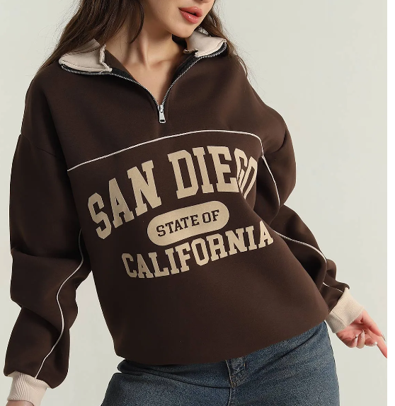 BALIKCI YAKA BASKILI OVERSIZE ŞARDONLU YARIM FERMUAR SWEATSHIRT - 1