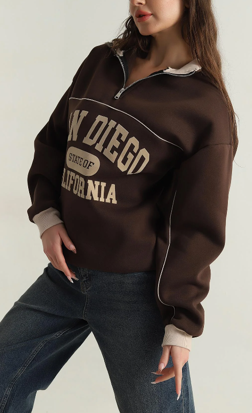 BALIKCI YAKA BASKILI OVERSIZE ŞARDONLU YARIM FERMUAR SWEATSHIRT - 2