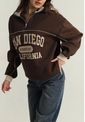 BALIKCI YAKA BASKILI OVERSIZE ŞARDONLU YARIM FERMUAR SWEATSHIRT - 3