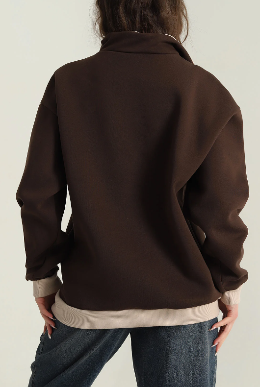 BALIKCI YAKA BASKILI OVERSIZE ŞARDONLU YARIM FERMUAR SWEATSHIRT - 4