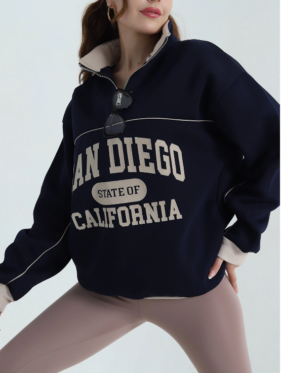 BALIKCI YAKA BASKILI OVERSIZE ŞARDONLU YARIM FERMUAR SWEATSHIRT - 6