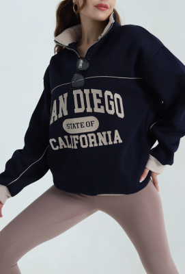 BALIKCI YAKA BASKILI OVERSIZE ŞARDONLU YARIM FERMUAR SWEATSHIRT - 7