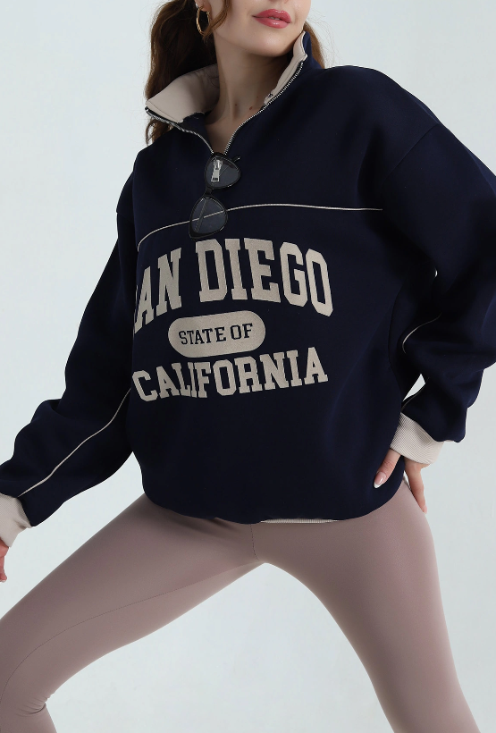 BALIKCI YAKA BASKILI OVERSIZE ŞARDONLU YARIM FERMUAR SWEATSHIRT - 7