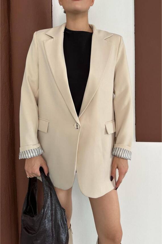 KRUVAZE YAKA İÇİ ÇİZGİ DESEN ASTARLI BLAZER CEKET MARKA MUADİL  - 1