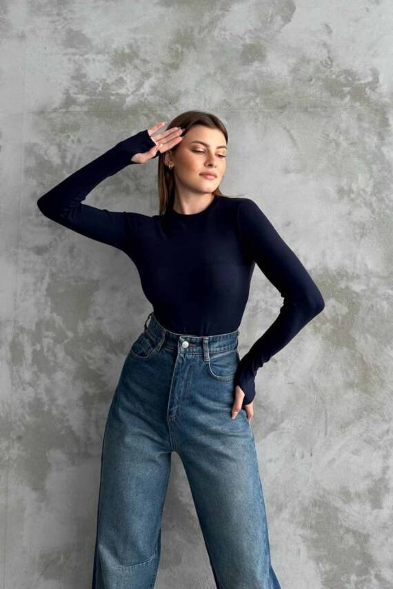 OYSHO BİSİKLET YAKA BASİC PARMAK GEÇİRMELİ UZUN KOLLU BODY - 3