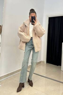 PELUŞ MONT OVERSİZE TAŞ ASTARLI FERMUARLI CEPLİ