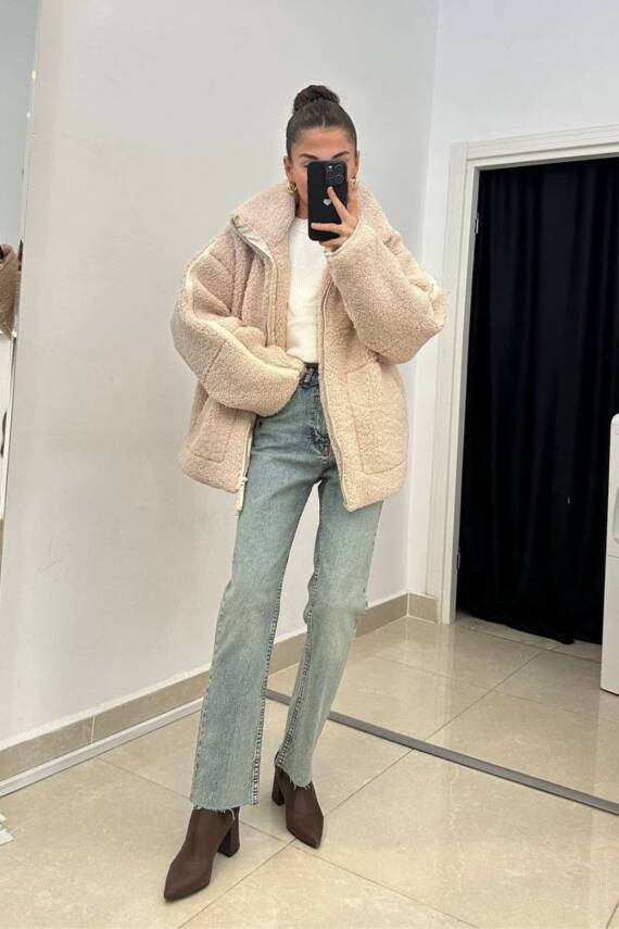 PELUŞ MONT OVERSİZE TAŞ ASTARLI FERMUARLI CEPLİ - 1