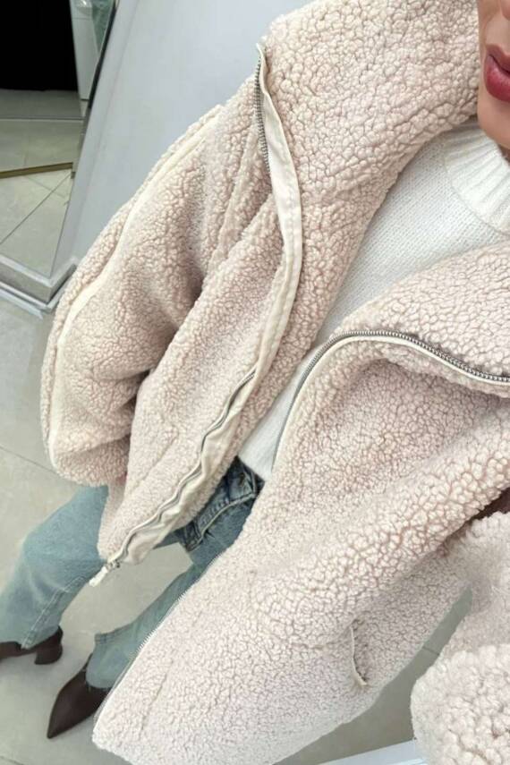 PELUŞ MONT OVERSİZE TAŞ ASTARLI FERMUARLI CEPLİ - 2