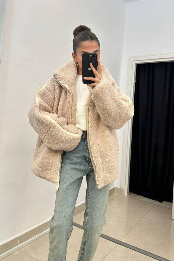 PELUŞ MONT OVERSİZE TAŞ ASTARLI FERMUARLI CEPLİ - 3