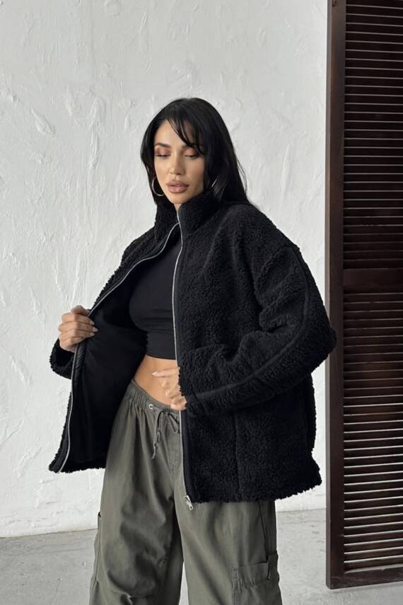 PELÜŞ OVERSİZE DİK YAKALI SPOR CEKET  - 1