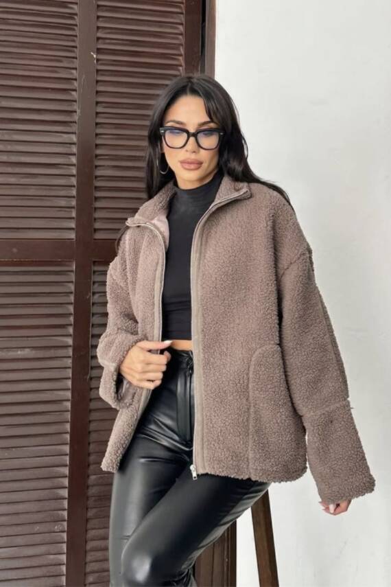 PELÜŞ OVERSİZE DİK YAKALI SPOR CEKET  - 3