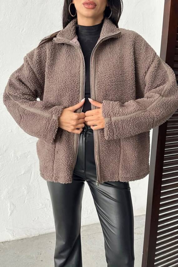 PELÜŞ OVERSİZE DİK YAKALI SPOR CEKET  - 5