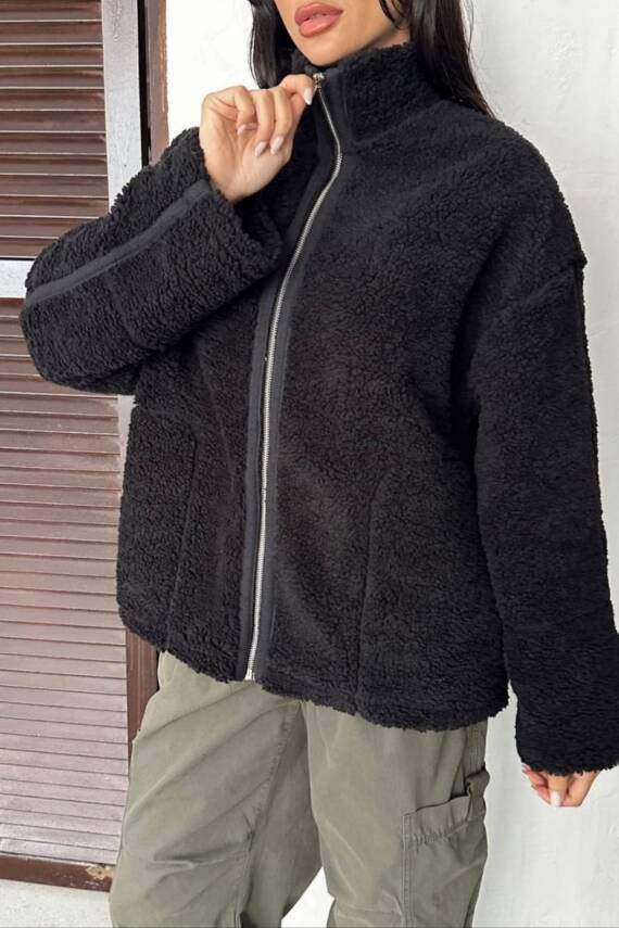 PELÜŞ OVERSİZE DİK YAKALI SPOR CEKET  - 14