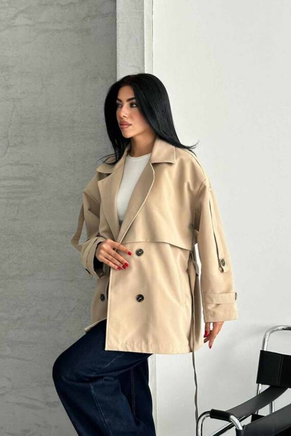 TRENÇKOT CEKET MİDİ BOY KUŞAKLI VE DETAYLI PREMIUM KALİTE ASTARLI - 3