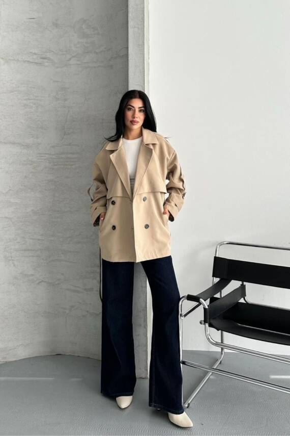 TRENÇKOT CEKET MİDİ BOY KUŞAKLI VE DETAYLI PREMIUM KALİTE ASTARLI - 5