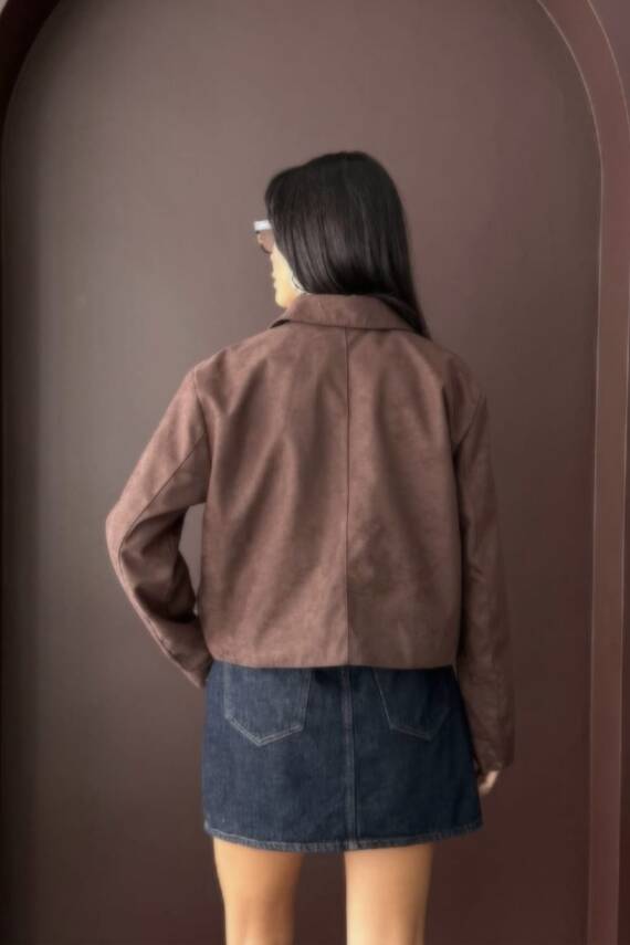 YAKALI MODEL SUNİ SÜET ASTARLI KISA CEP DETAYLI CEKET - 6