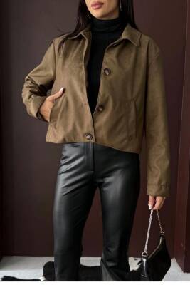 YAKALI MODEL SUNİ SÜET ASTARLI KISA CEP DETAYLI CEKET - 12